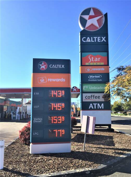 FUEL PRICES UP: Dubbo Caltex Star Mart fuel prices, Tuesday morning, 23/07/2019, six dollars dearer than Wellington. Photo: TAYLOR DODGE. 