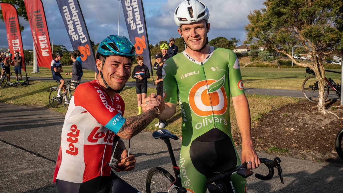 There was nothing but respect between Kurt Eather (right) and Caleb Ewan after the pair raced at Heffron Park last week. Picture supplied