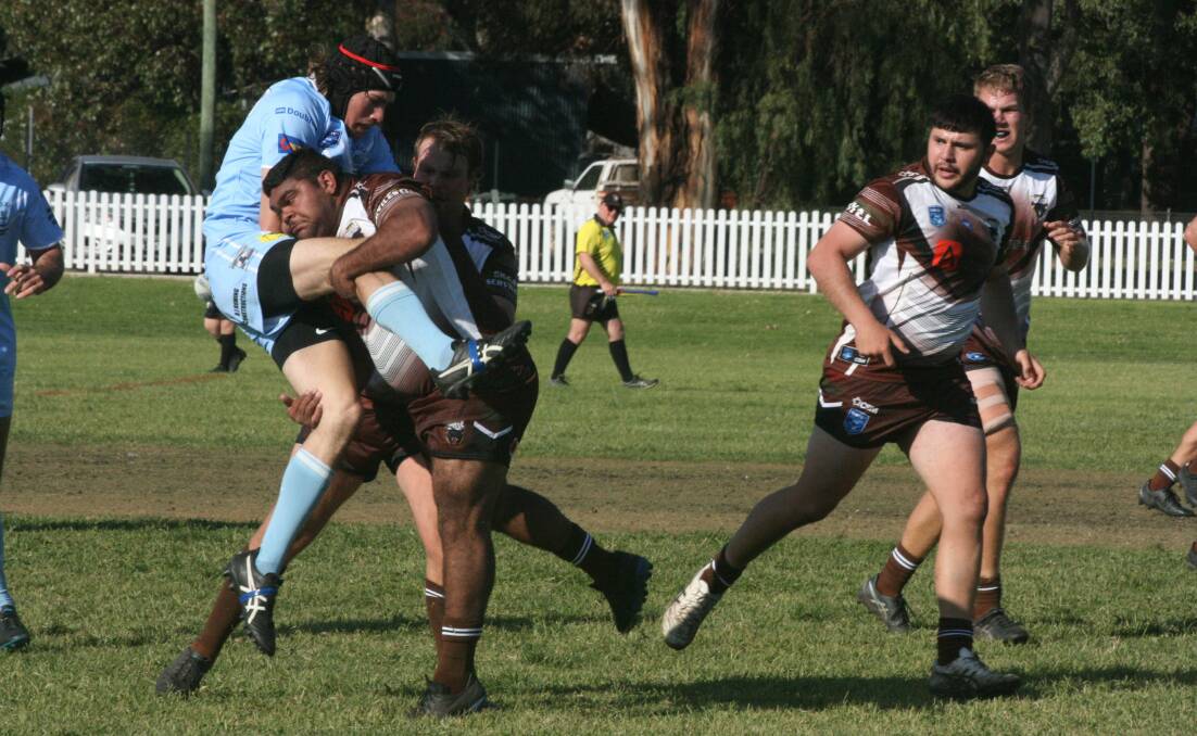 Gulgong's Toby O'Leary was driven back by Gilgandra centre Hayden Smith here but the Terriers had the last laugh on Saturday. Picture by Peter Sherwood Photography