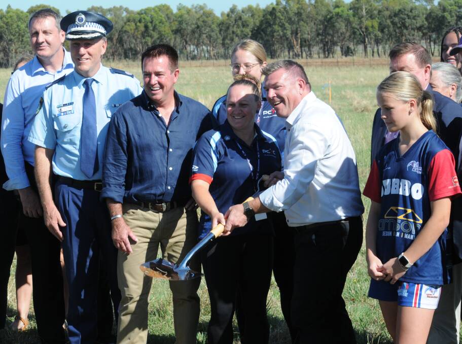 Member for Dubbo Dugald Saunders (second from right) in early 2023 at the sports hub site. Picture by Tom Barber