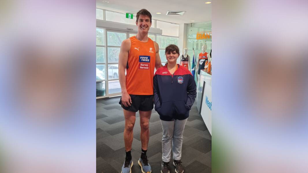Abby Taylor (right) got the opportunity to meet her hero GWS' Sam Taylor again earlier this year. Picture by GWS Giants 