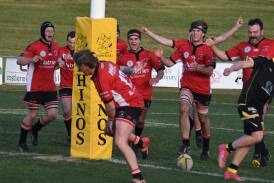 The Narromine Gorillas celebrate a try by Ben Peters during their win against Dubbo. Picture by Tom Barber 