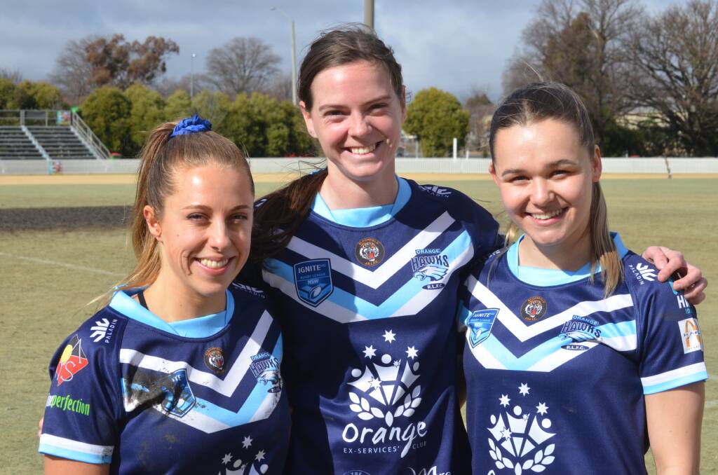 Orange Hawks players Sami Laing, Karla Pearson and Heidi Regan after their 34-4 win against Blayney Bears. Picture by Dominic Unwin