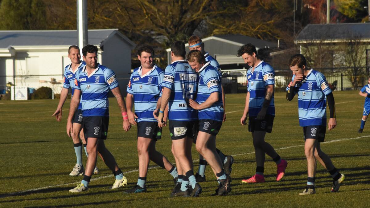 Blayney Rams celebrate a try at home. Picture by Mark Logan