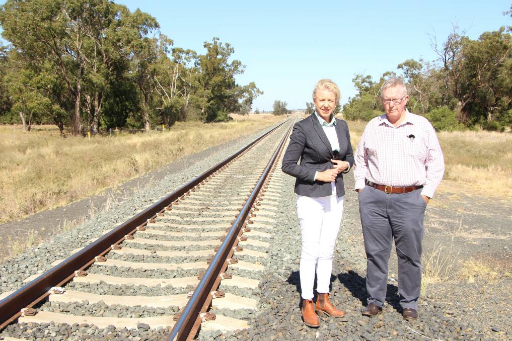 This picture of Senator Bridget McKenzie and member for Parkes Mark Coulton next to the railway line in Narromine led to accusations of "trespass". Picture supplied