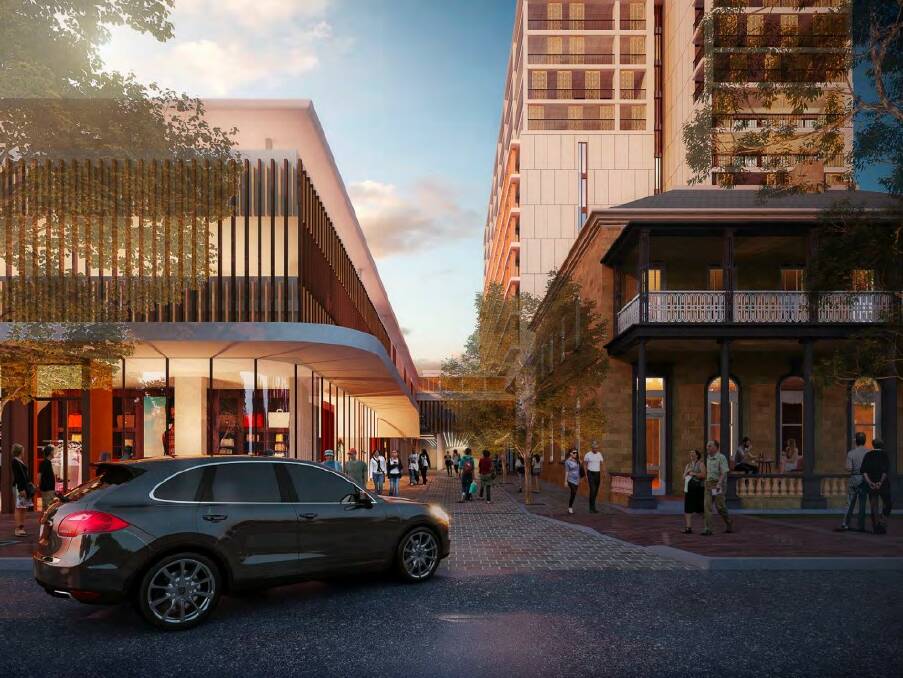 Proposed retail space next to the Old Bank Hotel on Macquarie Street, with the 15-storey tower behind. Picture by MAAS Property Group