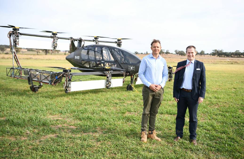 AMSL Aero CEO and Vertiia inventor Andrew Moore and Dubbo Regional Council mayor Mathew Dickerson with the Vertiia. Picture supplied