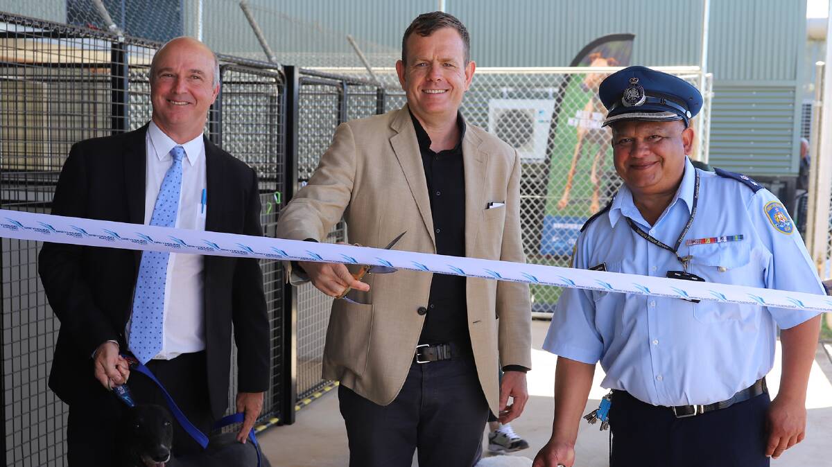 GRNSW Deputy CEO Wayne Billett, Stephen Lawrence MLC and Wellington Correctional Centre Governor Lennox Peter at the opening of the new Greyhound As Pets Prison Program. Picture supplied