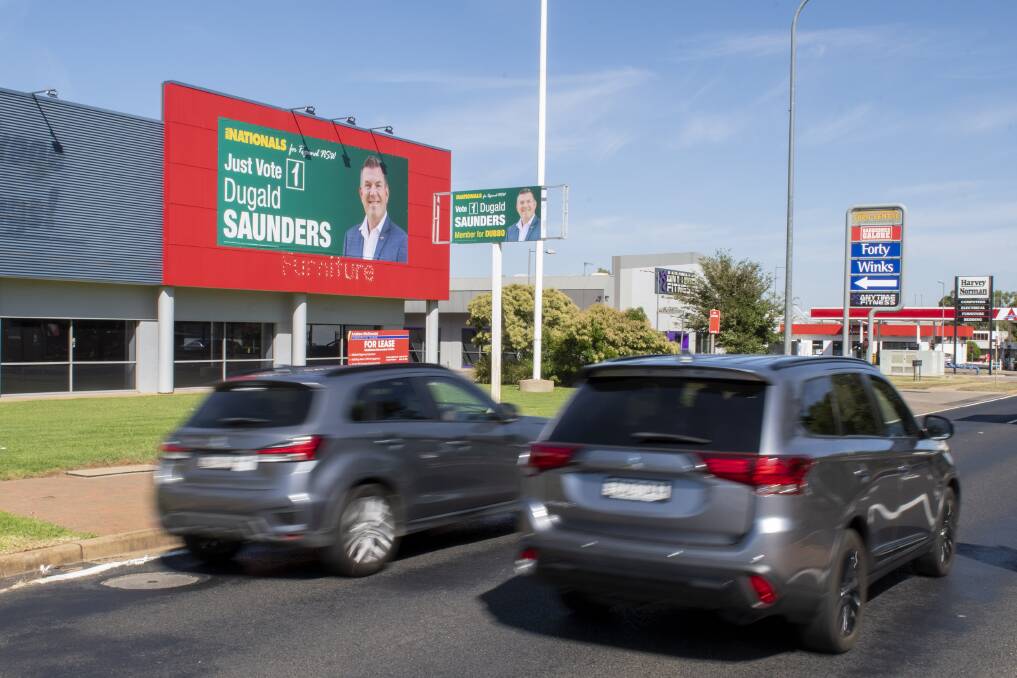 Dugald Saunders' election poster on Cobra Street has been deemed non-compliant with state planning regulations. Picture by Belinda Soole