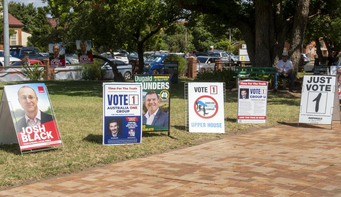 Candidate corflutes at the Dubbo Uniting Church pre-poll voting site. Picture by Belinda Soole