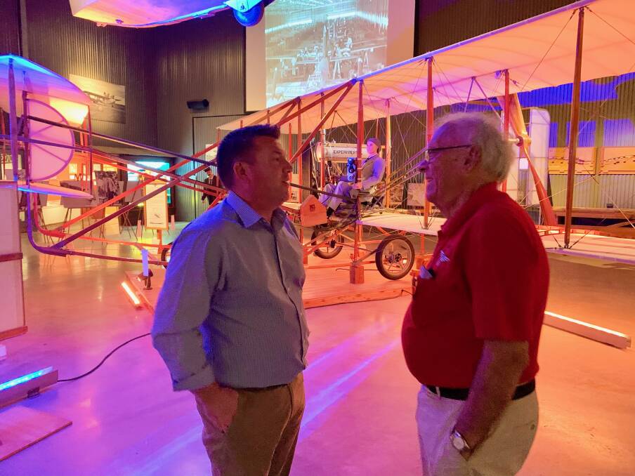 Dugald Saunders with Narromine Aviation Museum Chairman Peter Kierath OAM in the Narromine Aviation Museum. Picture supplied