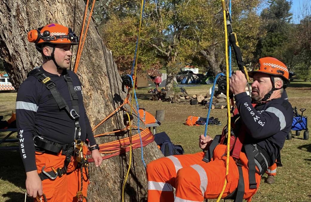 NSW SES Deputy Commissioner Damien Johnston has a go on the ropes at the Wellington Wombats training exercise. Picture supplied