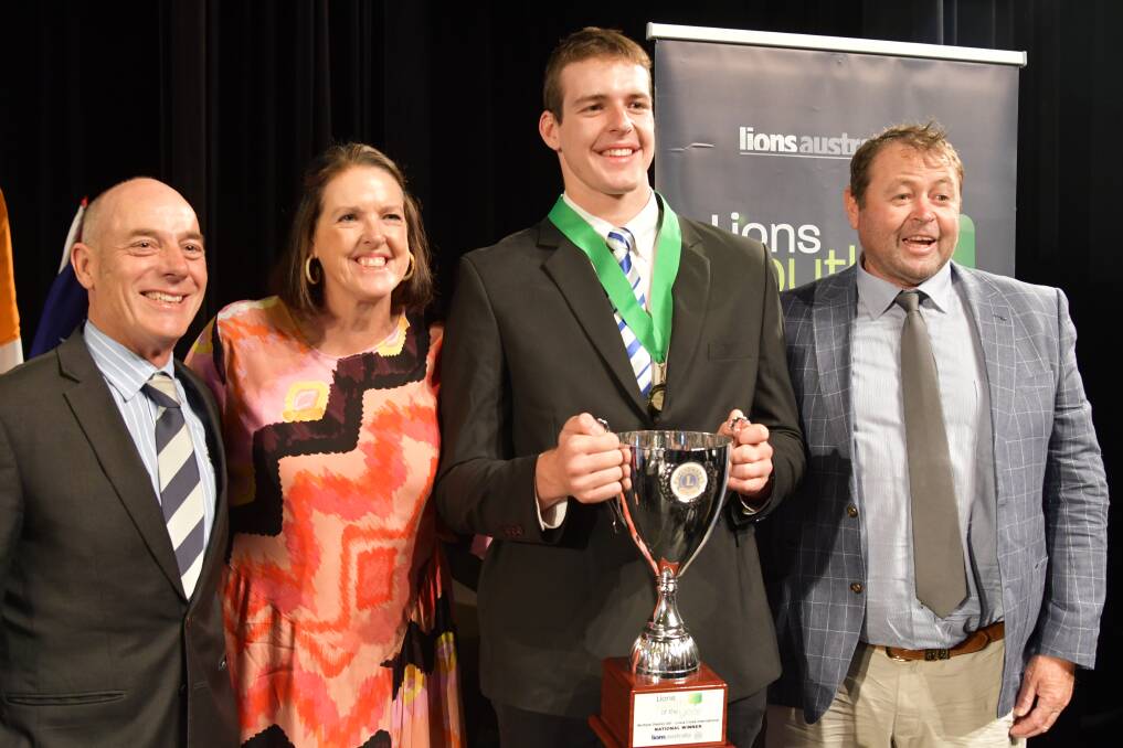 Lions Australia Youth of the Year Fred Kearney with TAS public speaking coordinator Tim Hughes and his parents Pip and Vern from The Valleys Coonabarabran. Picture supplied