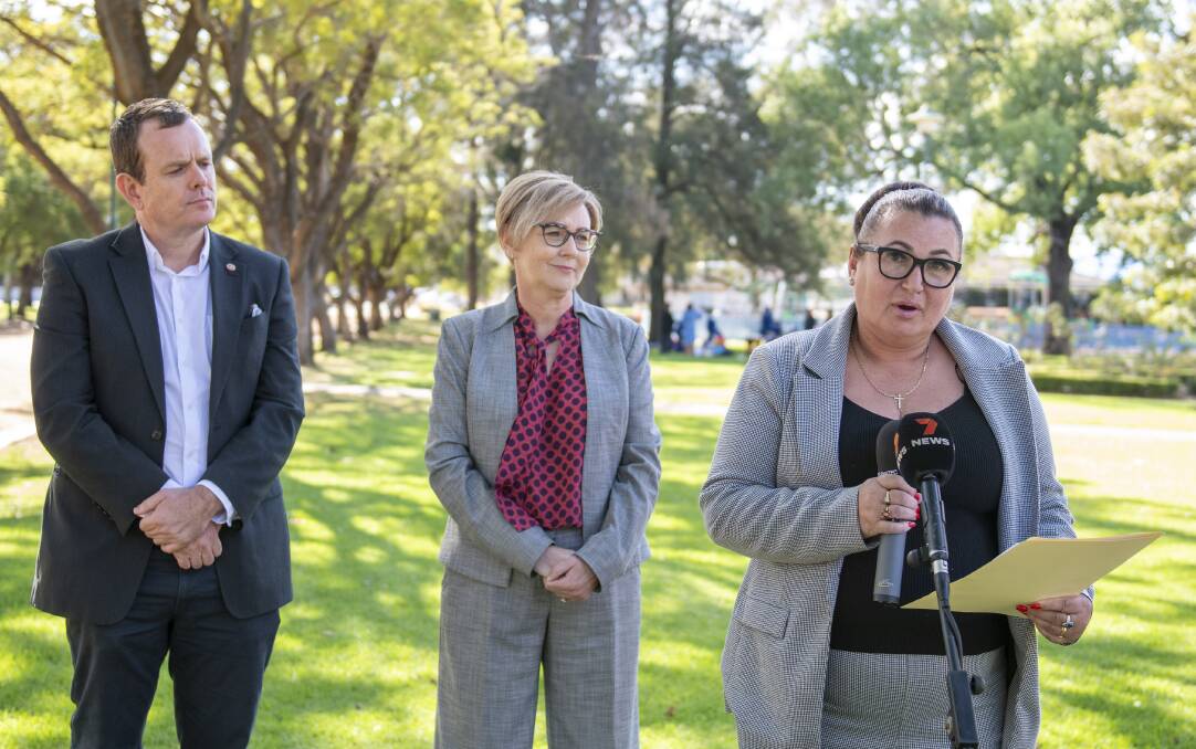 Dubbo MLC Stephen Lawrence, Minister for Women Jodie Harrison and Tina Reynolds from Orana Support Service announced the funding in Dubbo on Wednesday. Picture by Belinda Soole