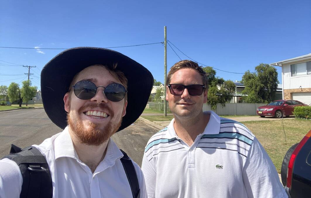 Labor candidate for Barwon Joshue Roberts-Garnsey (left) door-knocking with a volunteer in Narrabri. Picture supplied