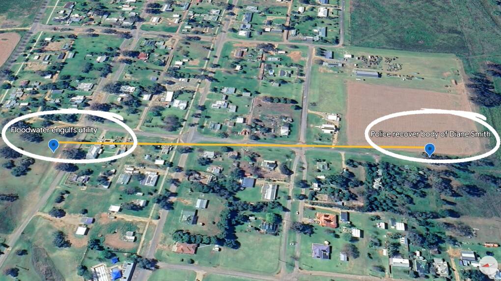 Daniel Townsend said his sister, Diane Smith, abandoned the ute near Pye Street. Police later recovered her body more than 455 metres away. Image made with Google Maps.