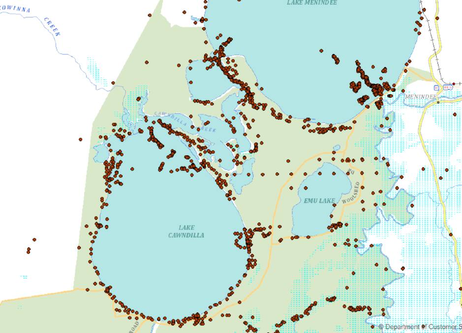 A Department of Environment map of Aboriginal burial sites and locations of artifacts on Cawndilla Lake at Menindee NSW. Picture Supplied