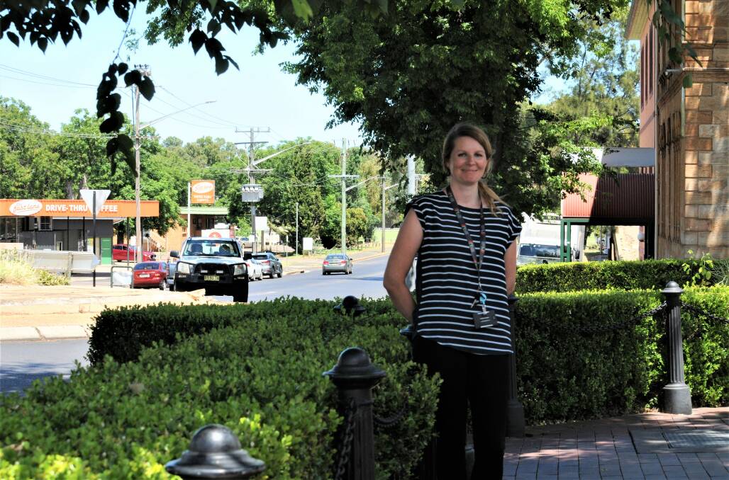 Dubbo Regional Council Local Studies Officer Simone Taylor stands at Bultje Street and Macquarie Street roundabout where the first slab hut shop was built by Jean Emilie Serisier. Picture by Elizabeth Frias