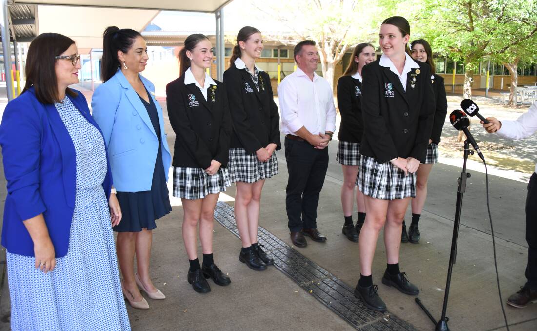 Student Zoe Mcaneney leads the discussion with media and NSW education minister Sarah Mitchell, Dubbo MP Dugald Saunders and Dubbo College principal Marisha Blanco on removing the barriers to young women talking about their health such as period pains. Picture by Amy McIntyre