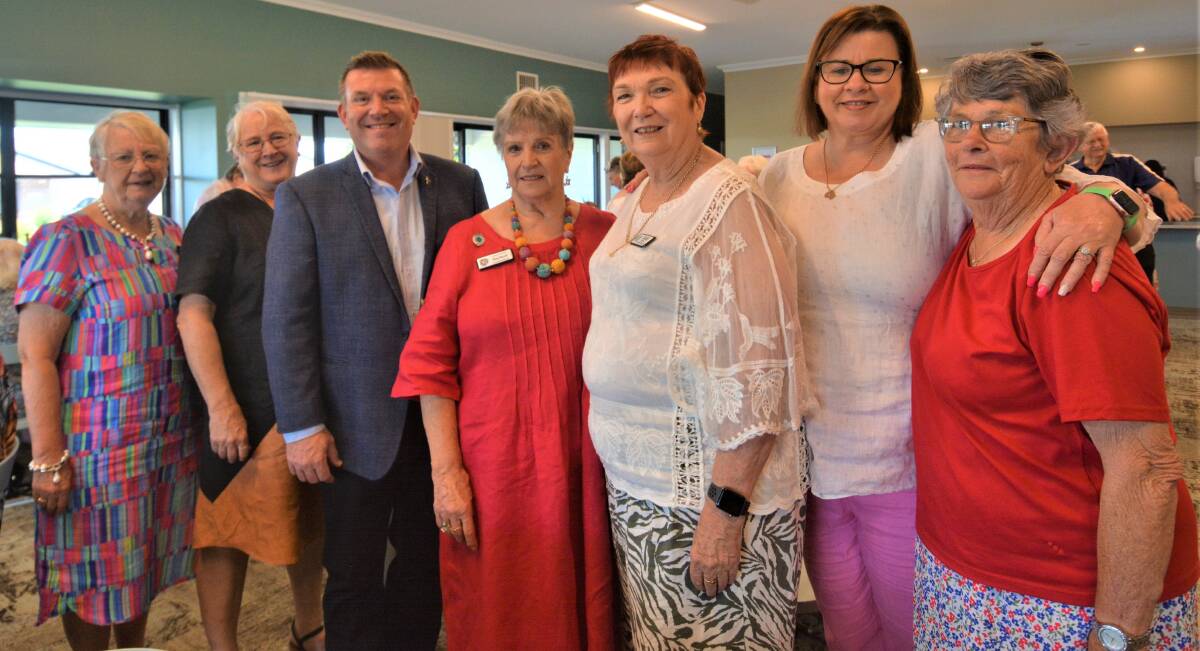 From left, Margaret Moon, recognised as the longest-serving CWA Dubbo member with Ruth Shanks, Nan Hazelton, Barb Brown, Marjorie Blatch, Dubbo MP Dugald Saunders, CWA president Joy Beames and former CWA state president Ruth Shanks. Picture by Elizabeth Frias 