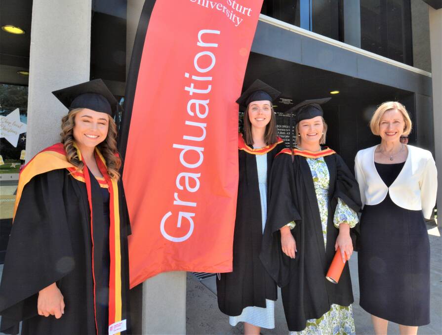 Charles Sturt University vice-chancellor Renee Leon with nursing graduates Isobel Cahill, Lucy Darney and Katherine O'Brien. Picture by Elizabeth Frias