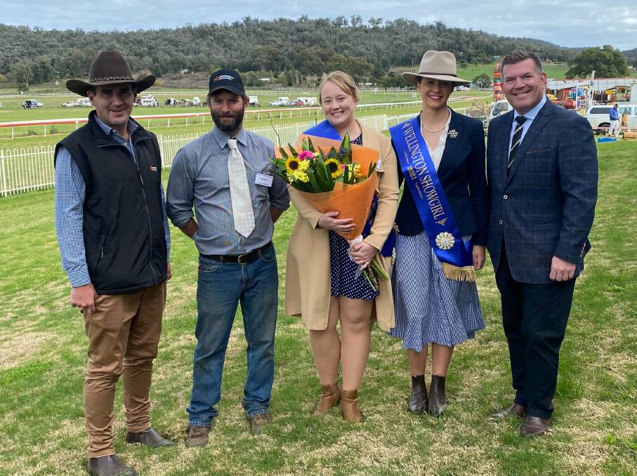 From left: Steve Martin of Ritchie Bros, Wellington Show Society president Rob Dimmick, Kate Jeffery 2022 Wellington Young Woman Kate Jeffery, and Amelia Bryant 2021 Showgirl winner and Dubbo MP Dugald Saunders. Picture supplied