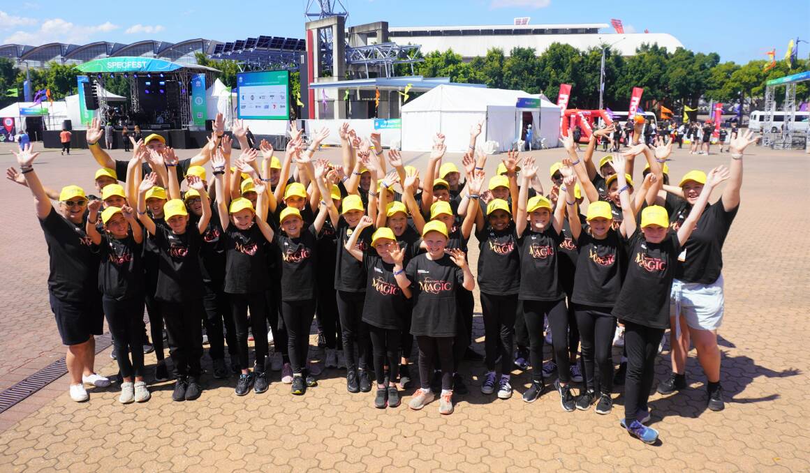 The entire team of students and teachers from Narromine Public School at Darling Harbour for the 2022 Schools Spectacular talent show. Picture Supplied