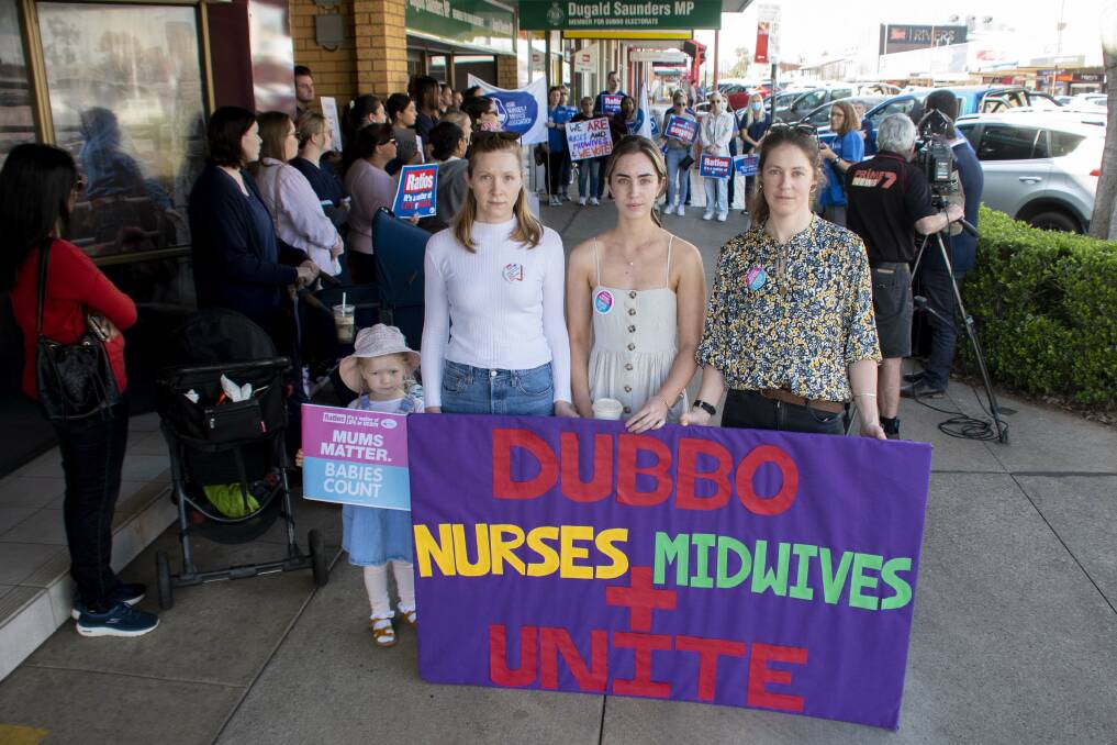 Midwives Rachel Krause-Powser (centre) and Estelle Blowes (right) raised safety concerns for themselves as frontline healthcare workers in Dubbo. Picture by Belinda Soole