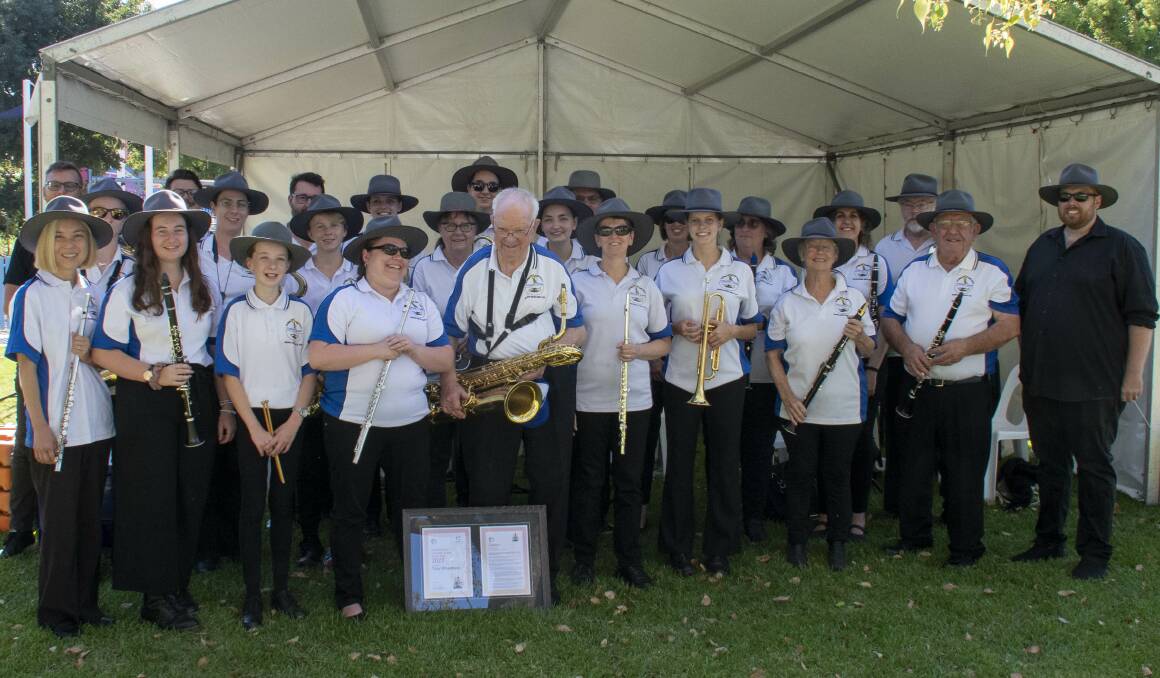 Cultural Person of the Year, Tony Wheatland (centre), stands with the Dubbo District Cencert Band. Picture by Belinda Soole