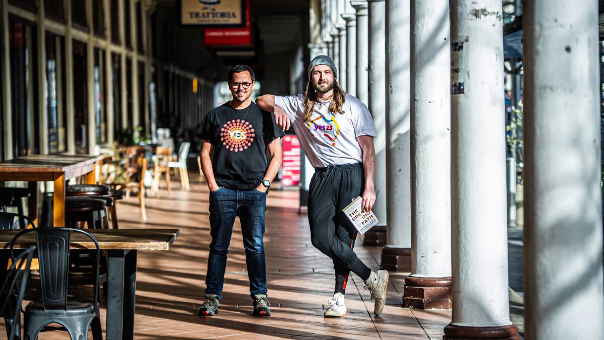 Social Justice activist Michael Bones (right) and founder of Indigenous-owned consultancy firm Lyre Dreaming, Gregory Andrews, are two "yes" campaigners hosting community events to rally support. Picture by Karleen Minney
