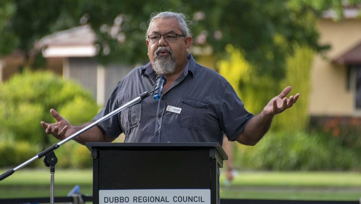 Cr Lewis Burns welcomed people to Country at Dubbo's Australia Day 2022 event. Picture by Belinda Soole
