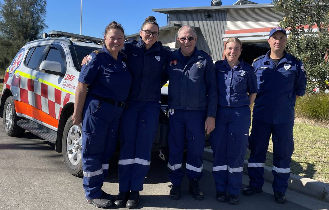 Fellow paramedics, friends and family gave Bob Whitney a send-off at the Bega Ambulance Station. Left to right: Kim Tonkin, Ashah Browne, Bob Whitney, Zone Manager Jade Marks and Phil Krucler. Picture by Sam Armes. 