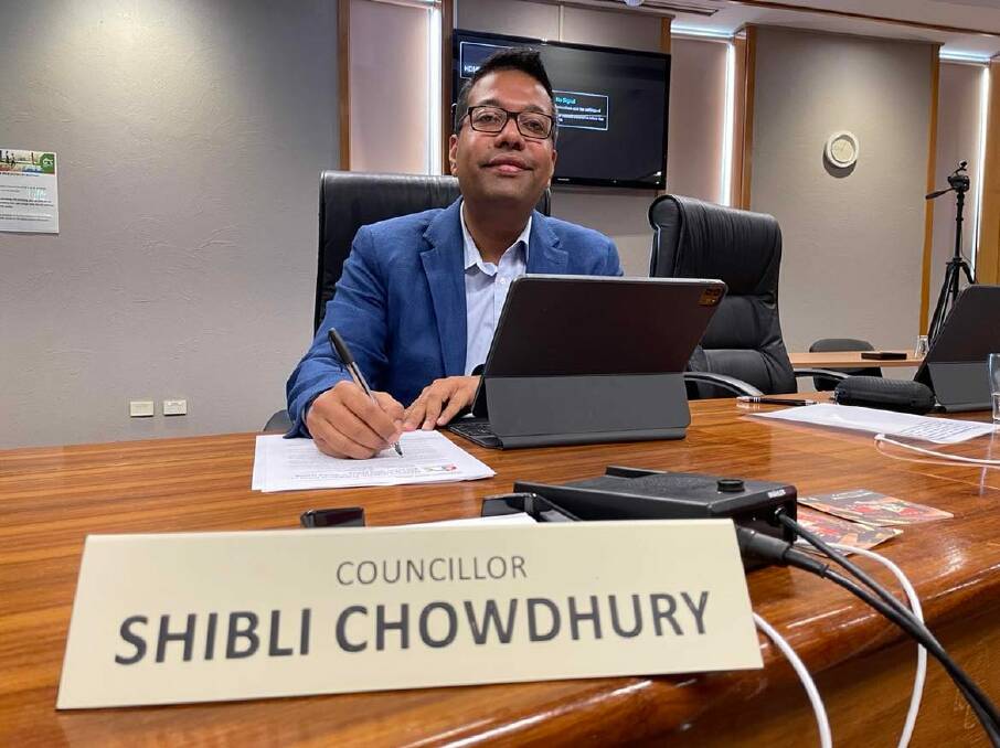 Councillor Shibli Chowdhurry sat behind his desk at Dubbo Regional Council. Picture by Ciara Bastow 