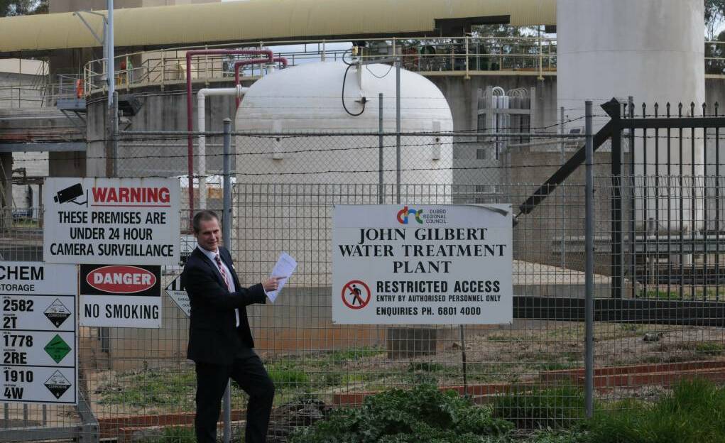 Dubbo Regional Council mayor Mathew Dickerson in front of the fluoride tank at John Glibert Water Treatment Plant. Picture: Ciara Bastow 
