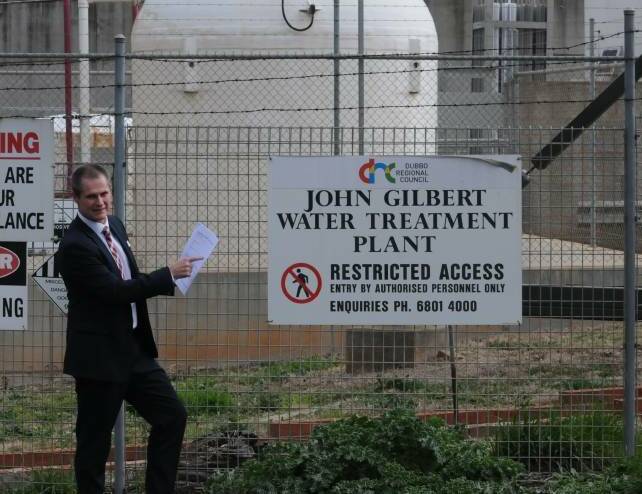 Dubbo Regional Council mayor Mathew Dickerson in front of the fluoride tank at John Glibert Water Treatment Plant. Picture by Ciara Bastow 
