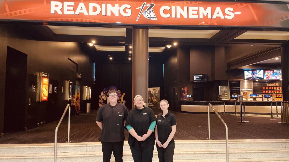 Jonty Schulz, General Manager Ema Fearnley and Mia Hawke-McMahon in front of Reading Cinemas. Picture supplied 