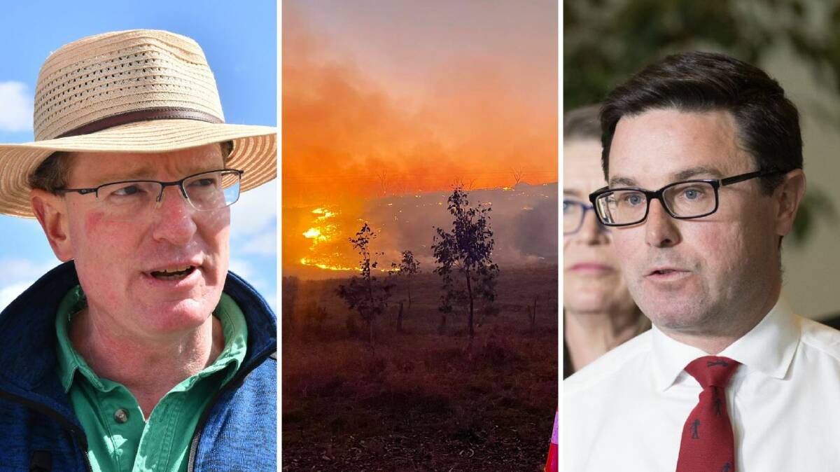 Calare MP Andrew Gee (left), federal Nationals leader David Littleproud (right) and a scene from the Hill End bushfire earlier this year (picture supplied by NSW RFS - Grose Vale Brigade).