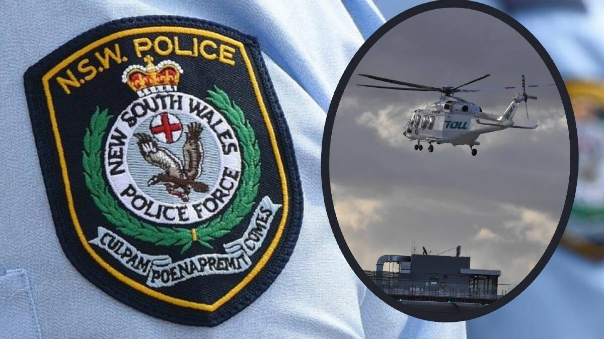 NSW Police badge and (inset) a Toll Rescue helicopter. File picture
