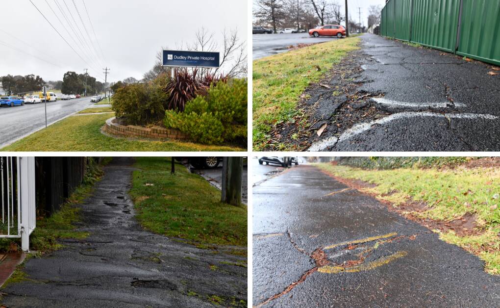 The Central Western Daily put a call out for the worst foot paths in Orange earlier this year. Dudley Private Hospital, top left has no footpath while clockwise Prince Street, The Escort Way and Moulder Street are rife with cracks, bumps and dips. Pictures by Carla Freedman.