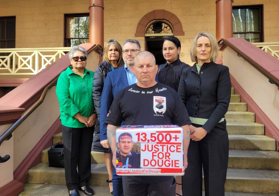Family members of Dougie Hampson Jr with advocates following the announcement a coronial inquest will examine the causes of his death after leaving Dubbo hospital. Picture: Suppled