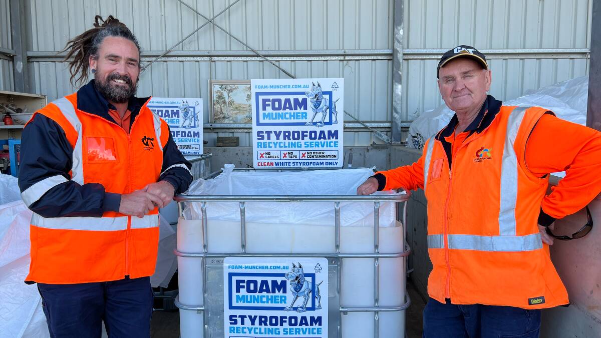 Dubbo council's resource recovery education officer Hamish Campbell with Allan Andriske at the collection point for polystyrene recycling. Picture supplied
