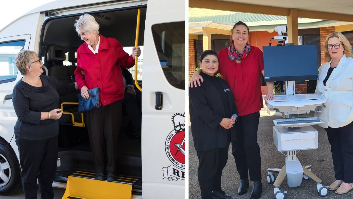 A health care worker assists an elderly woman from a van with the emblem for Dubbo Masonic Village on the side (left) and health workers from Masonic Village Moombi with a telehealth cart such as will be coming to Dubbo soon. Picture supplied