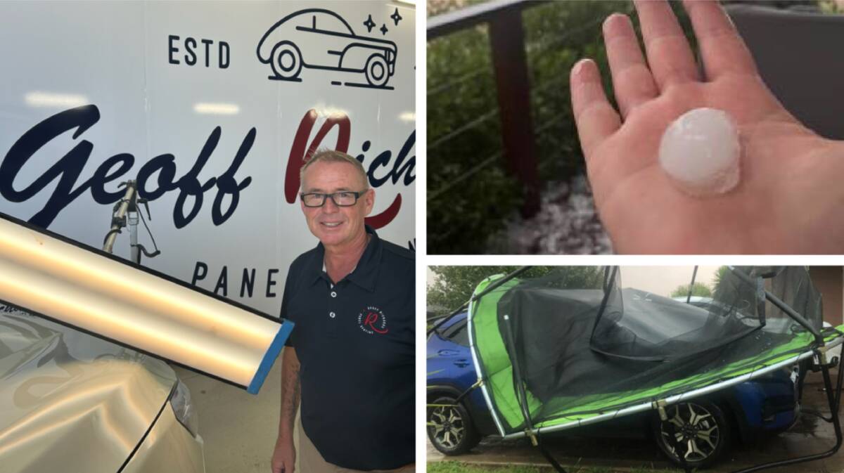 (Clockwise from left) Todd Richards, owner of Geoff Richards Panel Beating in Dubbo (picture supplied); hail the size of golf balls last Thursday (picture by Katie Longhurst); and a trampoline blown onto a car during the storm (picture by Helen Pearce). 