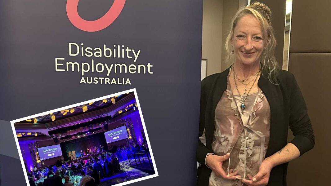 Coonabarabran resident Kim Barrett winning the genU Training Participant Award and (inset) the Disability Employment Australia Awards. Picture supplied