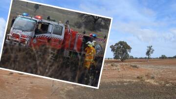 A dry dam bed in the Central West, NSW (main) and a generic picture of an RFS fire truck (inset). File picture and by Belinda Soole