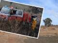 A dry dam bed in the Central West, NSW (main) and a generic picture of an RFS fire truck (inset). File picture and by Belinda Soole