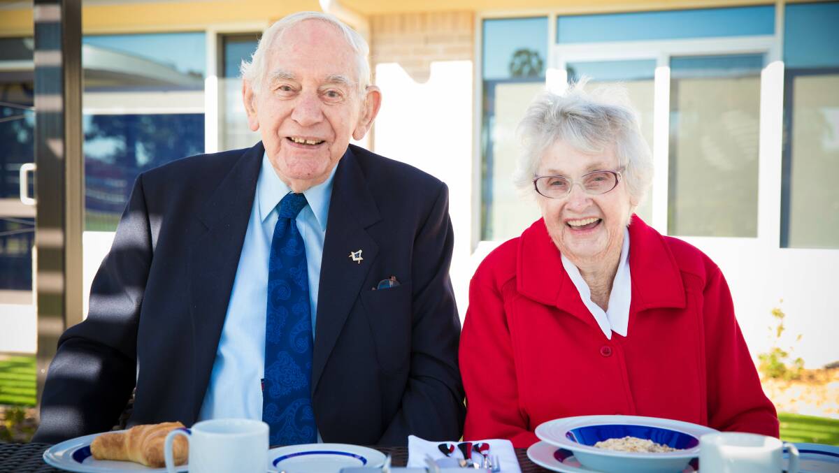 Two seniors from Dubbo Masonic Village enjoy a meal. Picture supplied