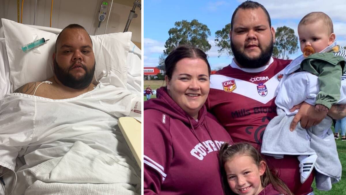 Tyler Peckham, 24 years old, was hospitalised after having a heart attack, and (right) pictured with his family at a Wellington Cowboys game. Pictures supplied