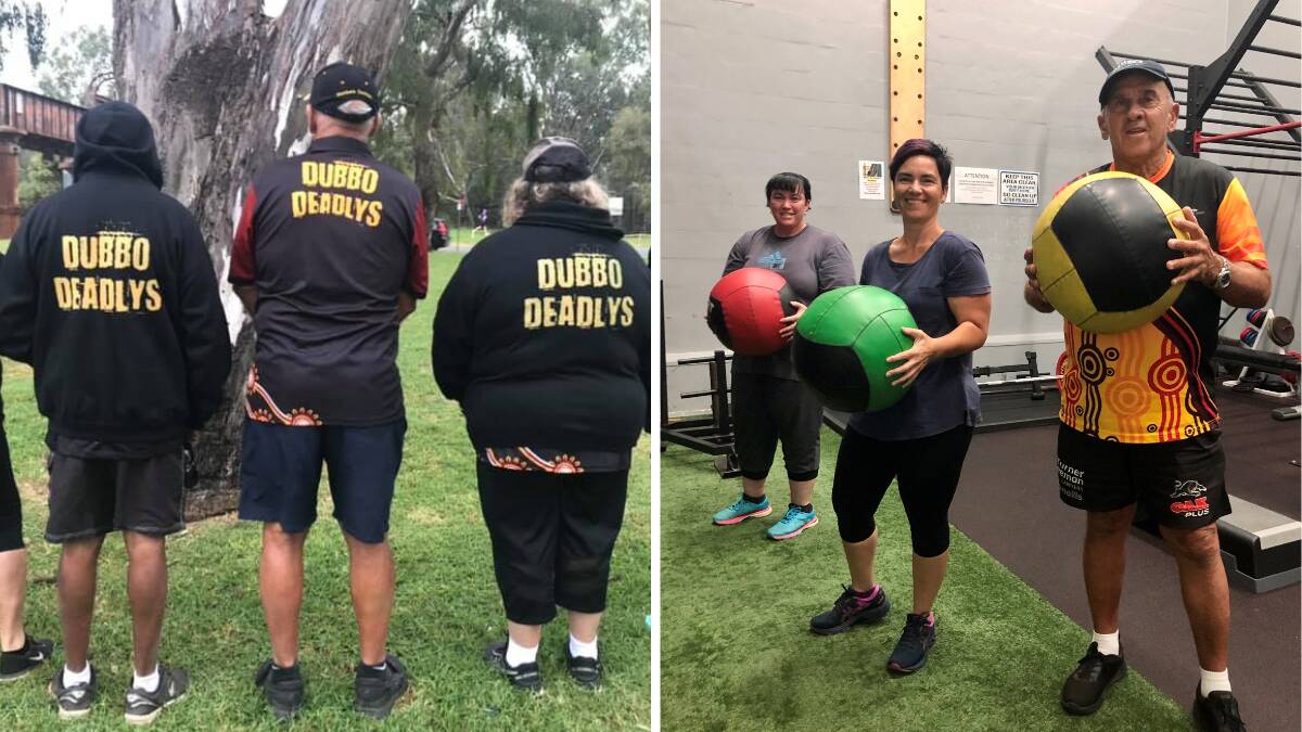 Members of the Dubbo Deadlys fitness challenge wear Dubbo Deadlys hoodies (left) and participants hold fitness balls during a gym session. Pictures supplied