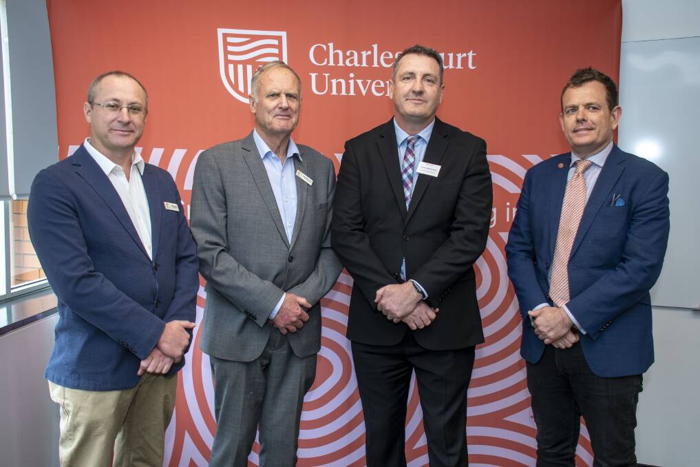 Clr Josh Black, Depty Mayor Clr Richard Ivey, James McKechnie Director External Engagement and Stephen Lawrence MLC at the launch of the Charles Sturt University bachelor of nursing international students program. File picture